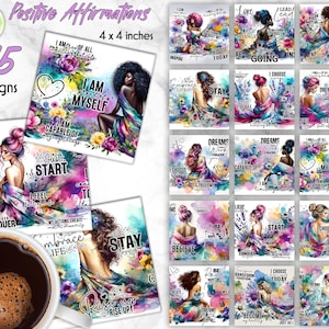 May include: A set of 15 art prints, each 10 x 10 cm, displaying watercolour illustrations of women with positive affirmations. The prints feature vibrant colours, floral details, and empowering phrases such as "I am myself" and "Believe", designed to inspire.