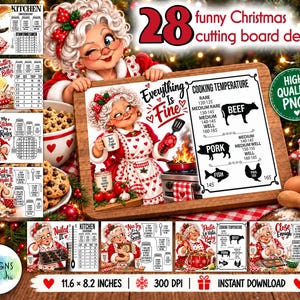 May include: A digital collection of 28 funny Christmas cutting board designs featuring illustrations of a grandmother character in a red and white apron. The designs include kitchen conversion charts, cooking temperatures, and text like Everything Is Fine.