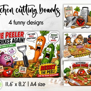 Puede incluir: Cuatro tablas de cortar rectangulares con personajes de verduras de dibujos animados en escenas de crimen con textos como The Peeler Strikes Again, Kitchen Crime Scene y Resist The Peel. Las tablas miden 29,5 cm por 20,8 cm.
