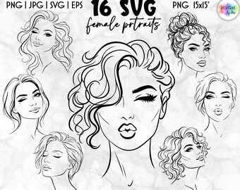 Female Portrait SVG Bundle, Woman Face SVG, Fashion Girl Line Art, Beauty Face Clipart, Cricut Cut File, Digital Download, Face Silhouette