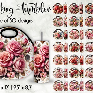 Baroque Flowers Lunch Bag Bundle | Vintage Floral Tumbler Wrap Bundle | Elegant Baroque Flowers Illustration | Digital Download