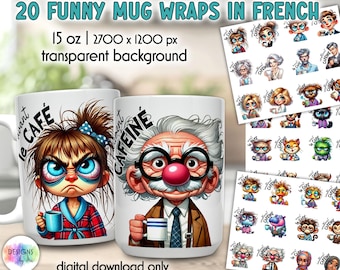 Sarcastic Coffee Mug Sublimation | French Funny Mug Wrap Bundle | Before & After Coffee | 15oz Mug PNG | Digital Download
