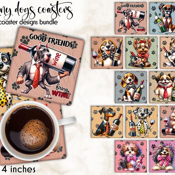 Funny Dogs Coaster Sublimation Bundle | Square Coaster Designs Bundle | Dog Lover Coaster Designs | Wine Lover Gift Idea | Digital Art