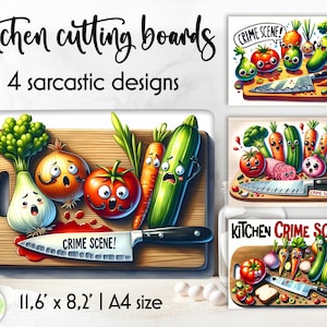 Funny Kitchen Cutting Board Designs | Sarcastic Kitchen Decor | Cartoon Comic Vegetables | Kitchen Crime Scene Funny Print