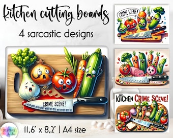 Funny Kitchen Cutting Board Designs | Sarcastic Kitchen Decor | Cartoon Comic Vegetables | Kitchen Crime Scene Funny Print