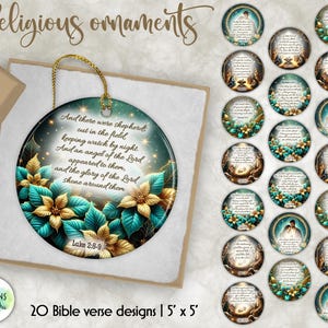 Paquete de adornos navideños religiosos / Diseño de adornos navideños con versículos bíblicos / Diseños de adornos cristianos / Etiquetas redondas para regalos navideños