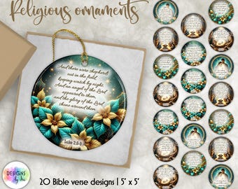 May include: Twenty round, 5 inch diameter, Christmas ornaments with a teal and gold floral design and a Bible verse printed on each. The ornaments are displayed on a white surface.