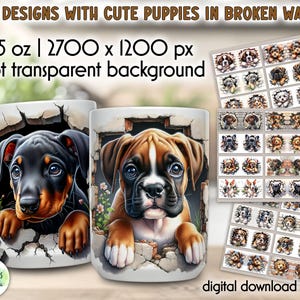Puppy Mug Wrap Bundle | Broken Brick Wall Mug Wrap | Peeking Puppy from a Cracked Wall | 15 oz Mug Wrap | Dog Lover Mug Print Bundle