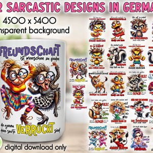 Puede incluir: Taza de cerámica blanca con una ilustración de dos personajes de dibujos animados y texto en alemán. La taza presenta dos personajes de dibujos animados y el texto "FREUNDSCHAFT ist menschen zu finden" y "die genau deine sorte VERRÜCKT sind".