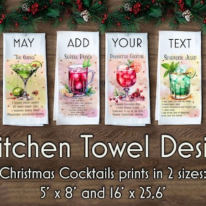 Kitchen Towel Christmas Sublimation Bundle | Watercolour Cocktail Sublimation Bundle | Cocktail Recipe Illustration | Christmas Dish Towel