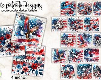Watercolor Patriotic Coaster Bundle: American Flag & Flowers (Digital Download)