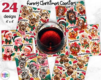 Funny Christmas Coaster Sublimation Bundle, 24 Festive Animal PNG Designs, Funny Quotes PGN, Digital Download 4x4 Inches