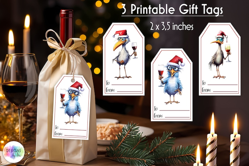 Christmas Gift Tags Bundle Wine Bag Gift Tag Funny Chickens with Wine Illustration Printable Christmas Gift Tags Digital Downoad image 3