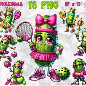 May include: A collection of cartoon pickle characters in various poses, all wearing pink and green outfits and accessories. The image includes the text "PICKLEBALL 18 PNG 15" x 15"" and features pickleball paddles, balls, and trophies.