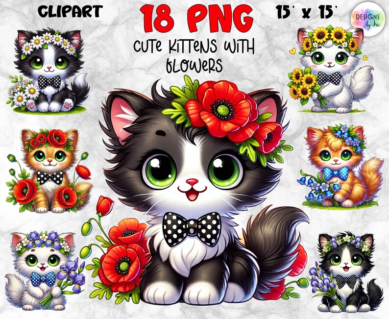Cute Kitten Clipart PNG, Floral Cat Clipart Bundle, Cute Kittens With ...
