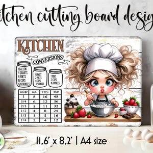 May include: A white cutting board with a cartoon chef girl and a kitchen conversion chart. The chart shows conversions for cups, ounces, tablespoons, and teaspoons. The cutting board is 11.6 inches by 8.2 inches.