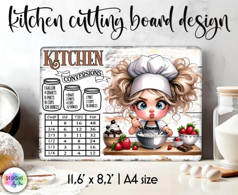 May include: A white cutting board with a cartoon chef girl and a kitchen conversion chart. The chart shows conversions for cups, ounces, tablespoons, and teaspoons. The cutting board is 11.6 inches by 8.2 inches.