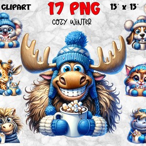 May include: A set of 17 PNG clipart images showcasing cute cartoon animals, such as a koala, dog, giraffe, cat, zebra, hippo, and moose. Each animal is wearing a blue winter hat and scarf, holding a cup of hot chocolate with marshmallows. The text "Cozy Winter" is displayed.