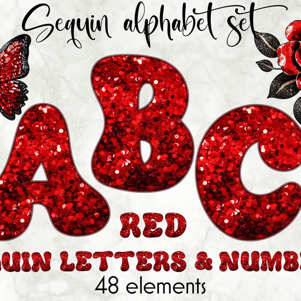 Red Sequin Alphabet Sublimation Set | Glitter Letters and Numbers Printable | Party Alphabet Letters PNG | Red Sequin Texture | Digital Art