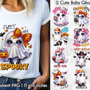 Uroczy pakiet sublimacji ducha | Uroczy nadruk na Halloween | Słodki duch z kokardą | Pobieranie cyfrowe | Halloween PNG | Słodki i straszny