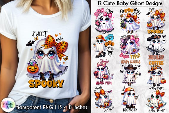 Cute Ghost Sublimation Bundle | Halloween Cute Print | Sweet Ghost with Bow | Digital Download | Halloween PNG | Sweet and Spooky