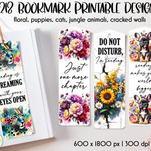 Paquete de marcapáginas de sublimación / Lindos gatitos con flores / Marcapáginas de cachorros con flores / Marcapáginas imprimibles / Citas de amantes de los libros PNG