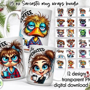 Puede incluir: Un conjunto de 12 diseños digitales para tazas de café de 440 ml. Los diseños presentan ilustraciones divertidas de animales y personas con texto sarcástico sobre el tema del café. Los diseños están en formato PNG y son para descarga digital.