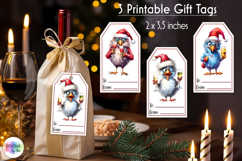 Christmas Gift Tags Bundle Wine Bag Gift Tag Funny Chickens with Wine Illustration Printable Christmas Gift Tags Digital Downoad image 5