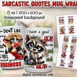 Puede incluir: Tazas de cerámica blanca con citas sarcásticas e ilustraciones de dibujos animados. Una taza presenta una vaca con un vestido rojo, la otra un mapache. La imagen también muestra una hoja de diseños de envoltura de tazas con varias citas.