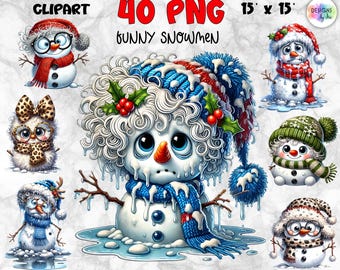 Lustige Schneemänner Clipart-Bundle | 40 PNG Weihnachtssublimationsentwürfe | Niedlicher Winter-Schneemann | Urlaub PNG-Dateien | Leopard-Druck-Schneemann
