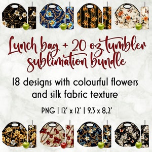 Silk Texture Floral Lunch Bag Designs Bundle | Lunch Bag Print | Elegant Silk Flowers PNG | Spring Flowers Tumbler Wrap | Digital Art