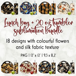 Könnte beinhalten: Ein Set mit 18 Sublimationsdesigns für Lunchbags und 20 oz Tumbler. Die Designs zeigen bunte Blumen und eine Seidenstofftextur. Die Designs sind im PNG-Format verfügbar und haben eine Größe von 12 Zoll x 12 Zoll und 9,3 Zoll x 8,2 Zoll.