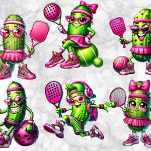 May include: A digital illustration features several anthropomorphic pickles engaged in pickleball. The pickles are green with pink accessories, including skirts, headbands, and shoes. They are holding paddles, wearing sunglasses, and playing with balls.