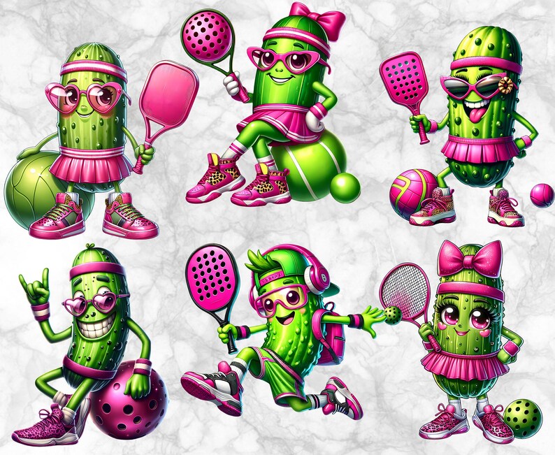 May include: A digital illustration features several anthropomorphic pickles engaged in pickleball. The pickles are green with pink accessories, including skirts, headbands, and shoes. They are holding paddles, wearing sunglasses, and playing with balls.