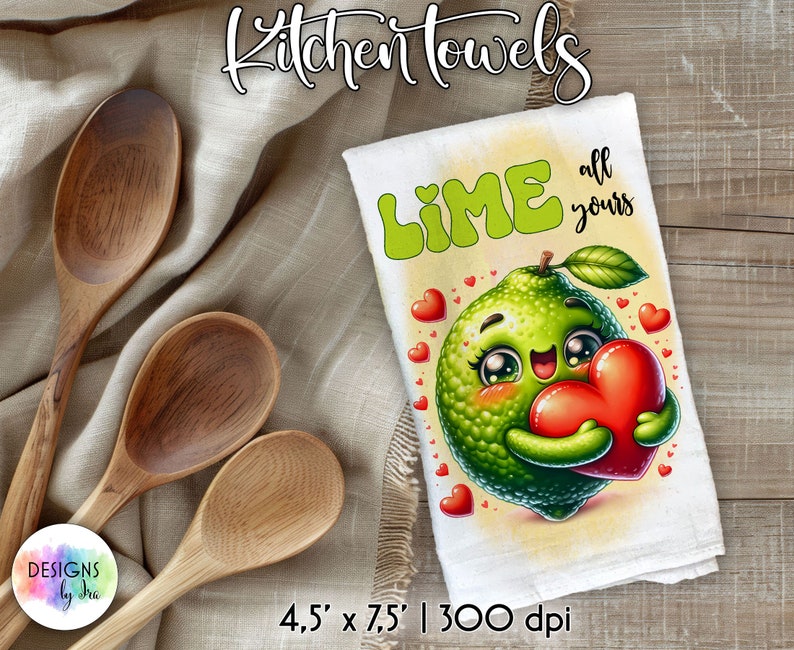 May include: A white kitchen towel with a cartoon lime holding a red heart. The lime has a smiling face and the text "LIME all yours" is printed on the towel. The towel is 4.5 inches by 7.5 inches and 300 dpi.