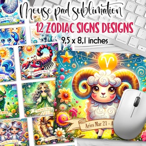 Zodiac Mousepads Bundle | Astrology Mouse Pad Sublimation | Horoscope Signs Mouse Pad | Computer Mat | Digital Download | Cute Zodiac Signs