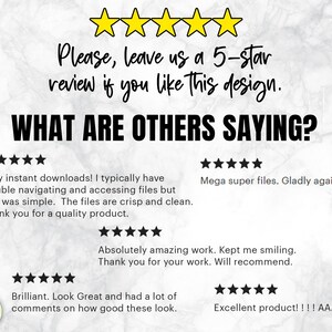 May include: A screenshot of a website with customer reviews for a digital product. The reviews are all positive and mention the ease of use, quality of the files, and the overall satisfaction with the product. The text on the image reads "Please, leave us a 5-star review if you like this design. WHAT ARE OTHERS SAYING?"