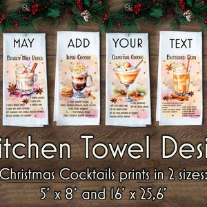 Kitchen Towel Christmas Sublimation Bundle | Watercolour Cocktail Sublimation Bundle | Cocktail Recipe Illustration | Christmas Dish Towel