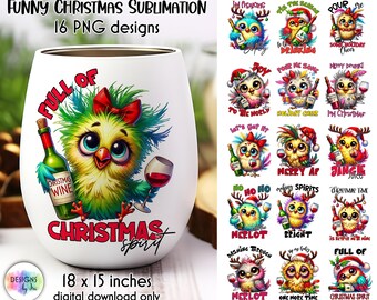Bundel met sarcastische kerstvogels | Grappige vogels sublimatie | Ontwerp kerstwijnbeker | Wine Lover-kerstbundel | Wijnbeker