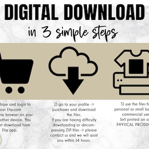 May include: A digital download guide with three steps: purchase and login to Etsy, go to your profile to download files, and use the files for personal or small business commercial use. The guide features a shopping cart, a cloud with a download arrow, and a printer with a t-shirt.