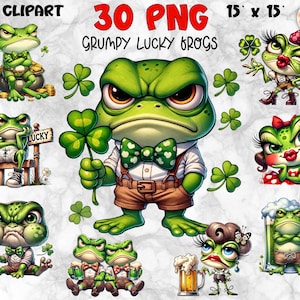 Op de afbeelding: Een digitale clipartset met 30 PNG-afbeeldingen van chagrijnige kikkers met klavers. De kikkers staan in verschillende poses, sommige met bierpullen, en dragen vlinderdassen en bretels. De tekst "GRUMPY LUCKY FROGS" wordt in het rood weergegeven.