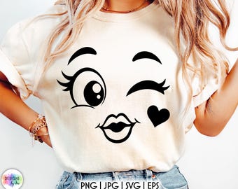 Funny Face SVG, Wink Face SVG, Kissy Face Cut File, Cute Winking Eyes PNG, Funny Girl Face for Shirts and Cricut
