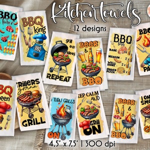 May include: Twelve colourful kitchen towels with BBQ and grilling themed designs. The towels feature illustrations of grills, food, and drinks. The text on the towels includes phrases like "BBQ King", "Grill On", and "Beer & BBQ".