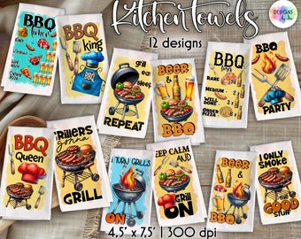 May include: Twelve colorful kitchen towels with BBQ and grilling themed designs. The towels feature illustrations of grills, food, and drinks. The text on the towels includes phrases like "BBQ King", "Grill On", and "Beer & BBQ".