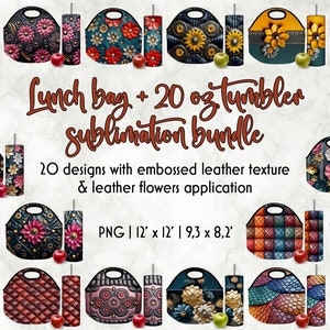 Embossed Leather Flower Lunch Bag & Tumbler Sublimation Bundle (PNG)