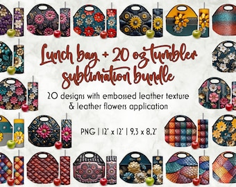 Lunch Bag Sublimation Bundle | 20 oz Tumbler Wrap Bundle | Embossed Leather Texture | 3D Leather Flowers Lunch Bag Print | Leather Bag PNG