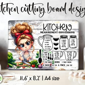 May include: A white cutting board with a cartoon illustration of a girl holding a knife. The board has a black and white design with the text "Kitchen Measurement Conversions" and a chart of measurements for cups, ounces, tablespoons, teaspoons, and liters. The board is 11.6 inches by 8.2 inches.