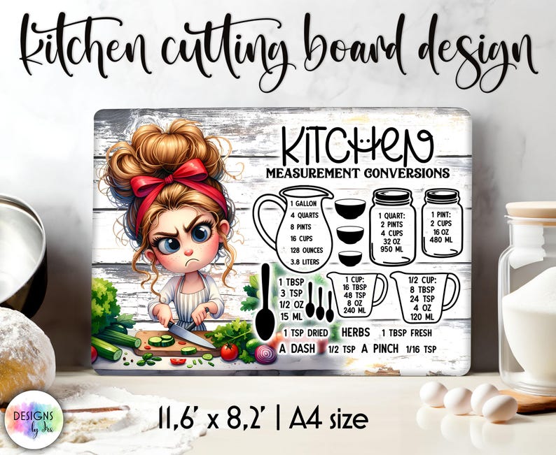 May include: A white cutting board with a cartoon illustration of a girl holding a knife. The board has a black and white design with the text "Kitchen Measurement Conversions" and a chart of measurements for cups, ounces, tablespoons, teaspoons, and liters. The board is 11.6 inches by 8.2 inches.