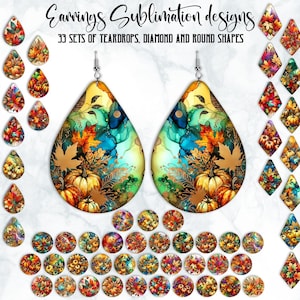 May include: Earrings sublimation designs featuring 33 sets of teardrop, diamond, and round shapes. The designs showcase autumn themes with pumpkins, leaves, and floral patterns in vibrant colors. The earrings are perfect for fall.