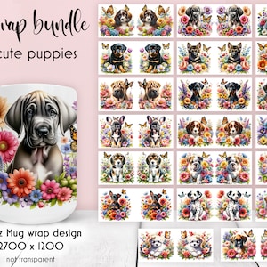 Puppies Mug Wrap Bundle | Cute Puppy Sublimation | Watercolour Puppy with Flowers Mug Design | Dog Lover Mug Wrap Bundle | Digital Download